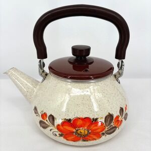 Vintage Sanko Show Pans Tea Kettle Speckled Cream Orange Floral 70s Mid Century